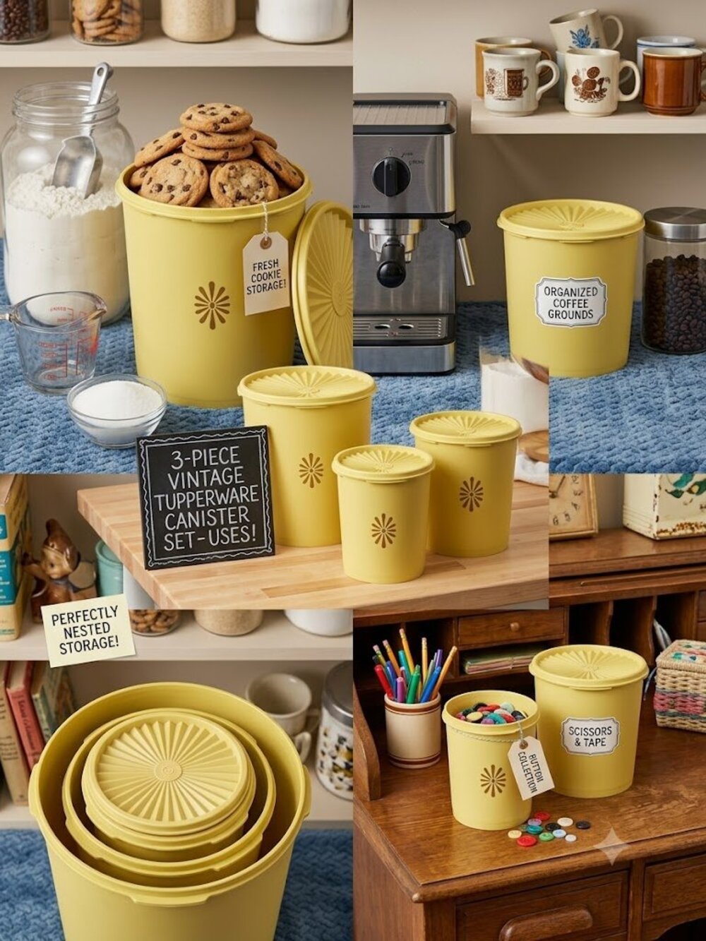 Vintage Tupperware Harvest Gold Servalier Canisters Set of 3 Daisy Mod - Picture 15 of 15